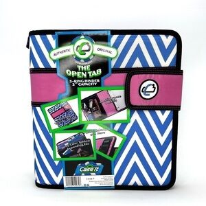 Case-It “The Open Tab” 2” Three Ring Binder Blue & White Chevron w/Pink New NWT